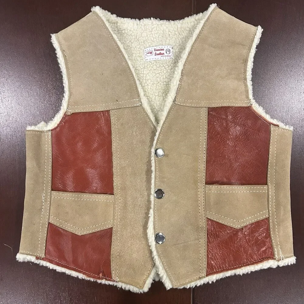 Vintage Genuine Leather Kids Sherpa Button Up Vest Size 14 HandMade In Mexico